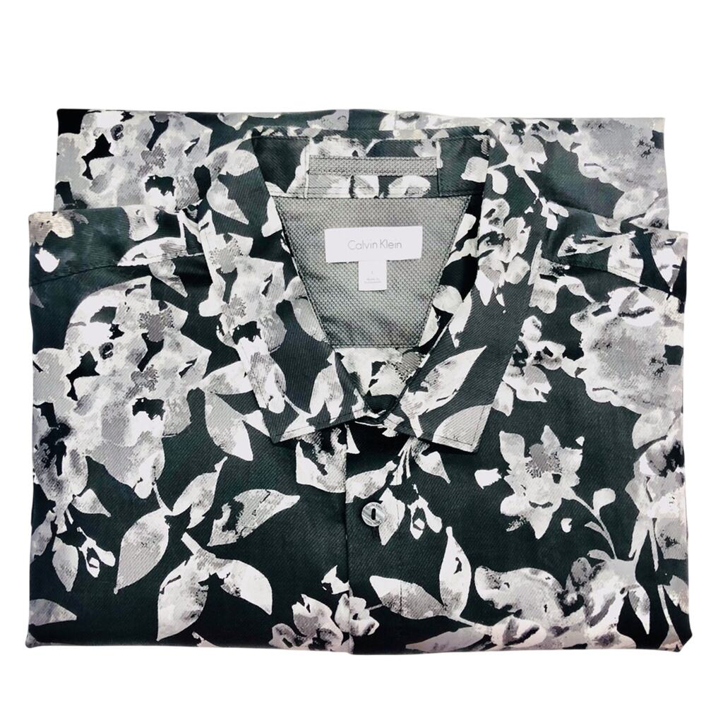 Men’s Calvin Klein black gray graphic floral print button front shirt - Picture 5 of 16